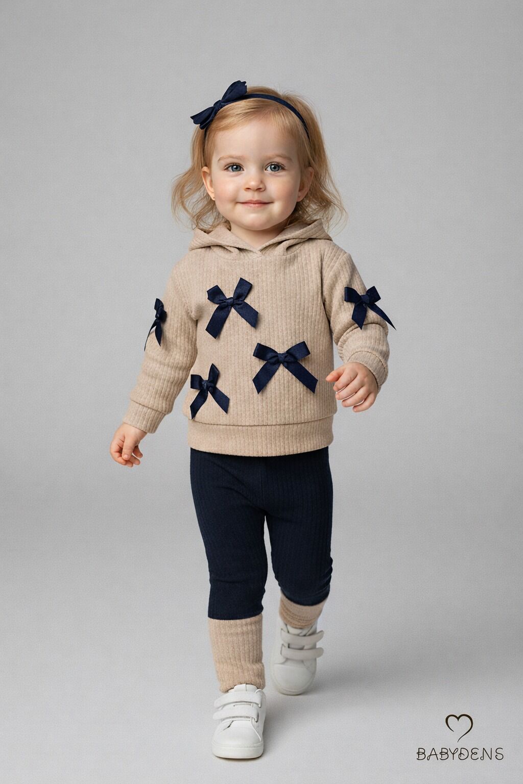 Bebek Çocuk 2’li Takım Pamuklu Kapüşonlu Sweatshirt Tayt Fiyonk Detaylı Kışlık Sonbaharlık Alt Üst Taytlı Takım Bej