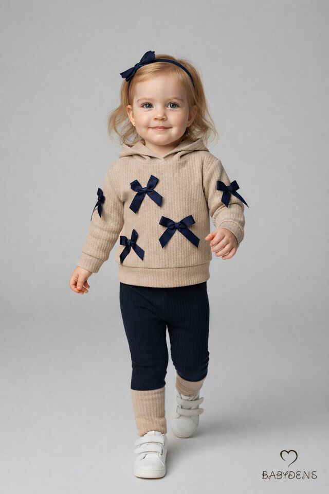 Bebek Çocuk 2’li Takım Pamuklu Kapüşonlu Sweatshirt Tayt Fiyonk Detaylı Kışlık Sonbaharlık Alt Üst Taytlı Takım Bej