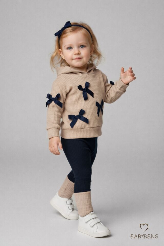 Bebek Çocuk 2’li Takım Pamuklu Kapüşonlu Sweatshirt Tayt Fiyonk Detaylı Kışlık Sonbaharlık Alt Üst Taytlı Takım Bej