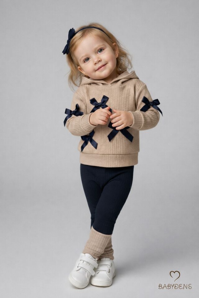 Bebek Çocuk 2’li Takım Pamuklu Kapüşonlu Sweatshirt Tayt Fiyonk Detaylı Kışlık Sonbaharlık Alt Üst Taytlı Takım Bej