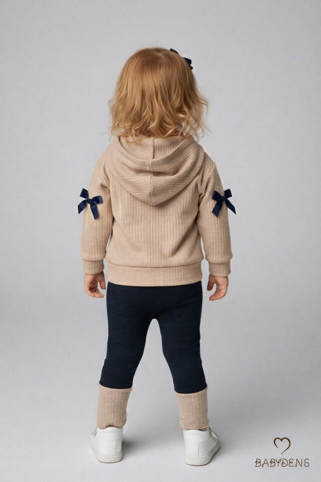 Bebek Çocuk 2’li Takım Pamuklu Kapüşonlu Sweatshirt Tayt Fiyonk Detaylı Kışlık Sonbaharlık Alt Üst Taytlı Takım Bej