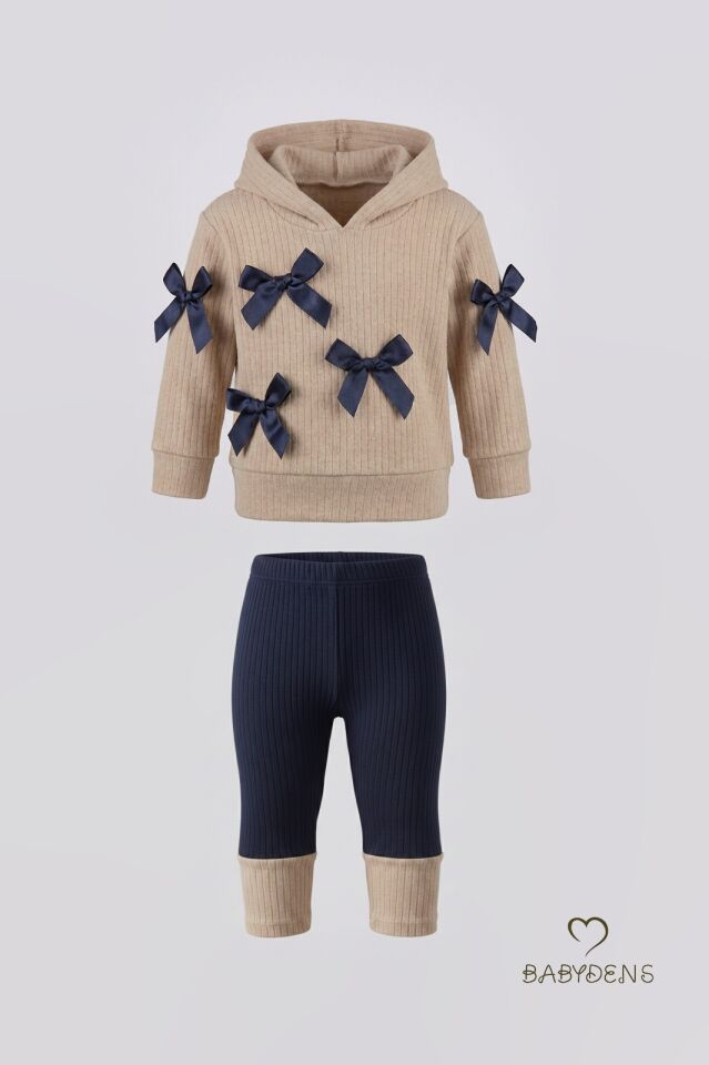 Bebek Çocuk 2’li Takım Pamuklu Kapüşonlu Sweatshirt Tayt Fiyonk Detaylı Kışlık Sonbaharlık Alt Üst Taytlı Takım Bej