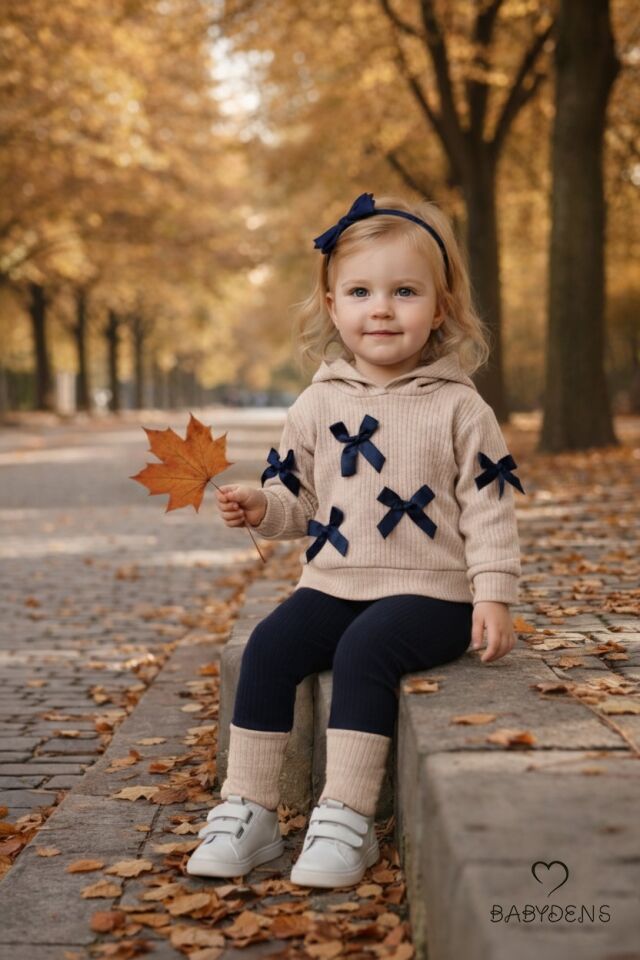 Bebek Çocuk 2’li Takım Pamuklu Kapüşonlu Sweatshirt Tayt Fiyonk Detaylı Kışlık Sonbaharlık Alt Üst Taytlı Takım Bej