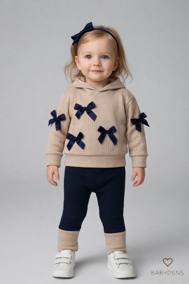 Bebek Çocuk 2’li Takım Pamuklu Kapüşonlu Sweatshirt Tayt Fiyonk Detaylı Kışlık Sonbaharlık Alt Üst Taytlı Takım Bej