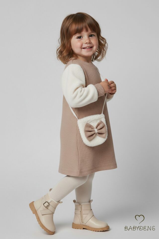 Bayramlık Şık ve Rahat Kız Bebek Elbise Çantalı Yumuşak Peluş Kollu Kışlık Çocuk Kombini Bej