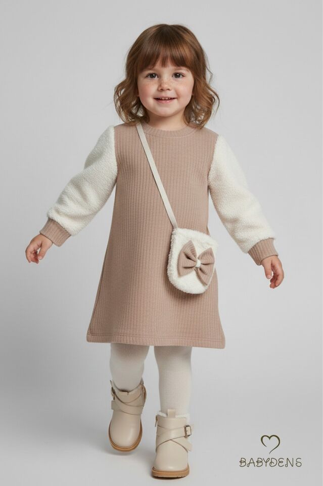 Bayramlık Şık ve Rahat Kız Bebek Elbise Çantalı Yumuşak Peluş Kollu Kışlık Çocuk Kombini Bej