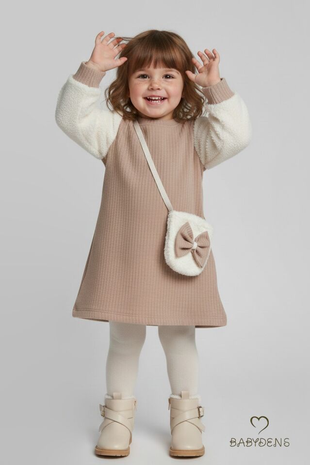 Bayramlık Şık ve Rahat Kız Bebek Elbise Çantalı Yumuşak Peluş Kollu Kışlık Çocuk Kombini Bej
