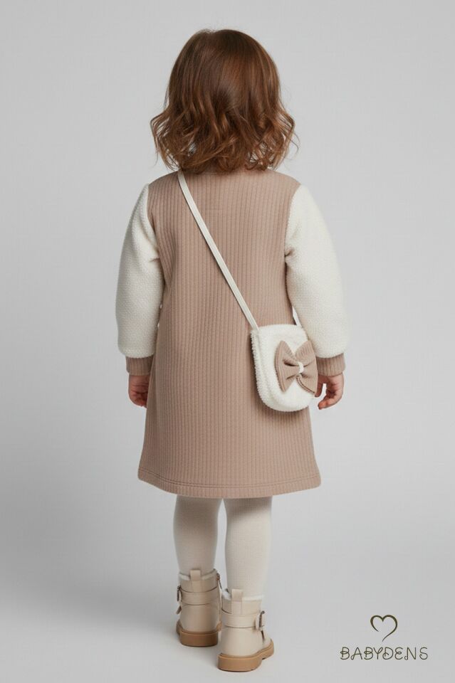 Bayramlık Şık ve Rahat Kız Bebek Elbise Çantalı Yumuşak Peluş Kollu Kışlık Çocuk Kombini Bej