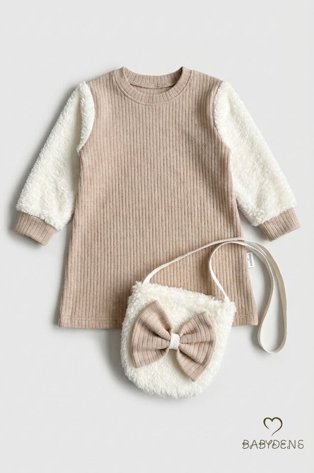 Bayramlık Şık ve Rahat Kız Bebek Elbise Çantalı Yumuşak Peluş Kollu Kışlık Çocuk Kombini Bej