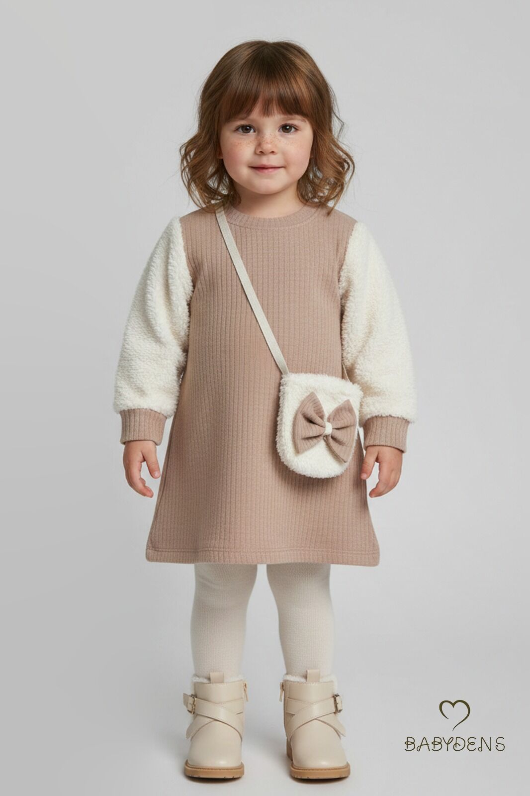 Bayramlık Şık ve Rahat Kız Bebek Elbise Çantalı Yumuşak Peluş Kollu Kışlık Çocuk Kombini Bej