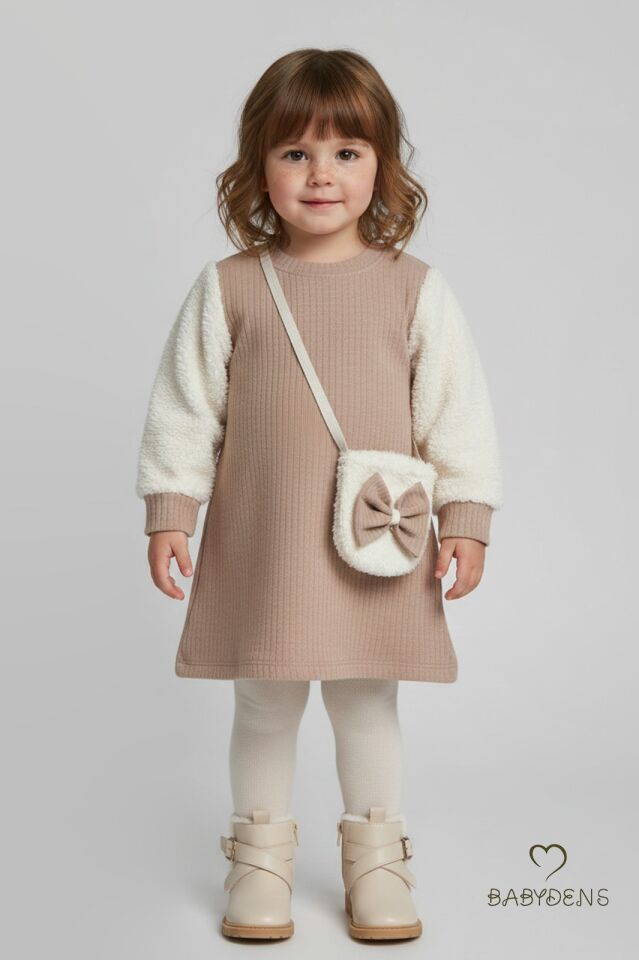 Bayramlık Şık ve Rahat Kız Bebek Elbise Çantalı Yumuşak Peluş Kollu Kışlık Çocuk Kombini Bej