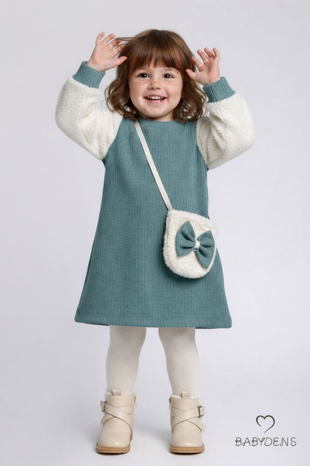 Bayramlık Şık ve Rahat Kız Bebek Elbise Çantalı Yumuşak Peluş Kollu Kışlık Çocuk Kombini Haki