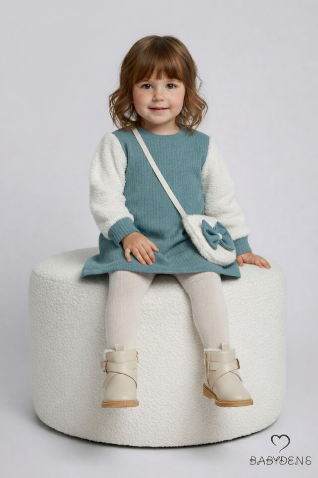 Bayramlık Şık ve Rahat Kız Bebek Elbise Çantalı Yumuşak Peluş Kollu Kışlık Çocuk Kombini Haki