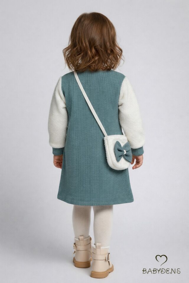 Bayramlık Şık ve Rahat Kız Bebek Elbise Çantalı Yumuşak Peluş Kollu Kışlık Çocuk Kombini Haki