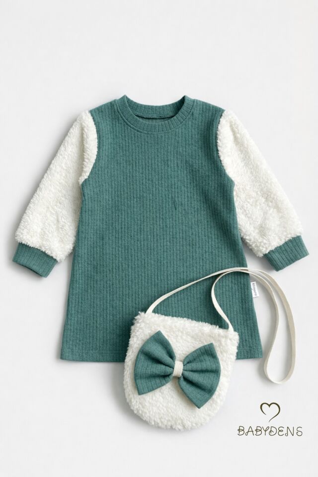 Bayramlık Şık ve Rahat Kız Bebek Elbise Çantalı Yumuşak Peluş Kollu Kışlık Çocuk Kombini Haki