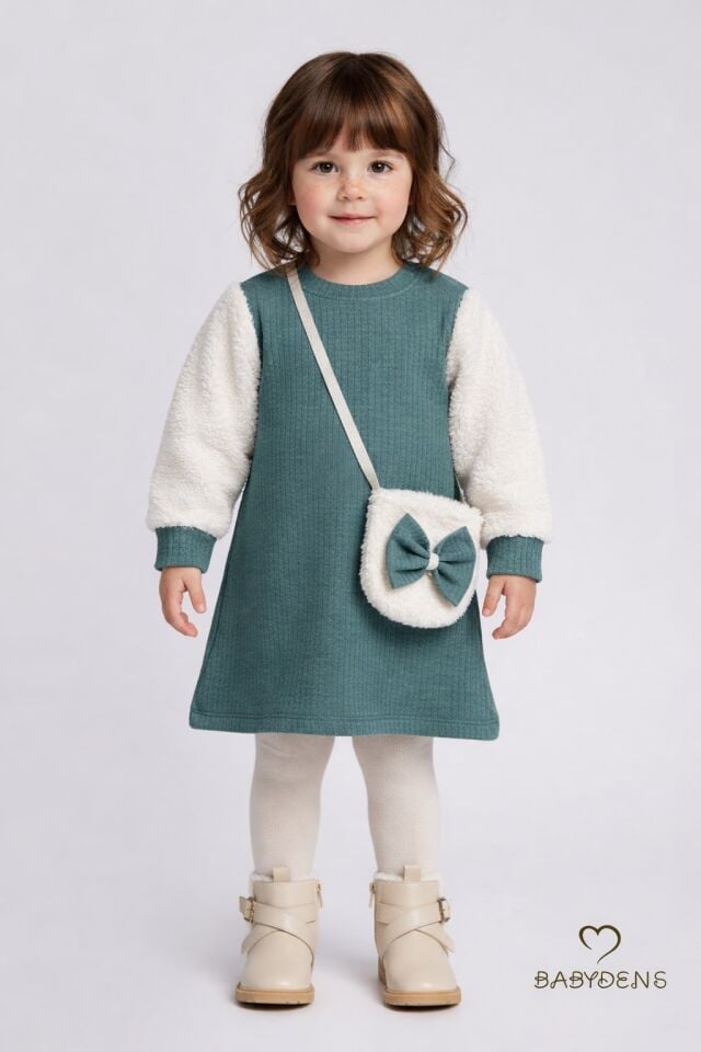 Bayramlık Şık ve Rahat Kız Bebek Elbise Çantalı Yumuşak Peluş Kollu Kışlık Çocuk Kombini Haki