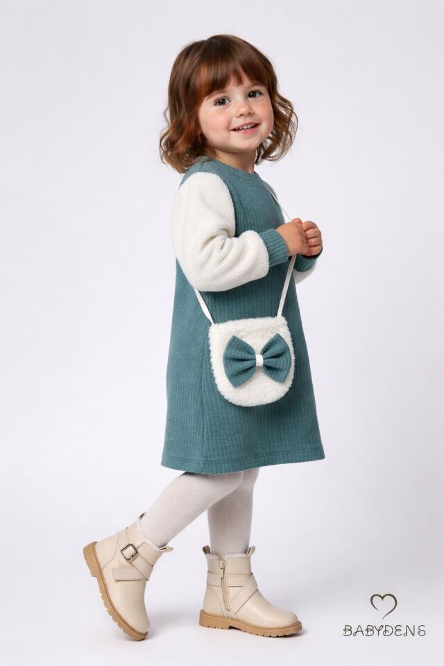 Bayramlık Şık ve Rahat Kız Bebek Elbise Çantalı Yumuşak Peluş Kollu Kışlık Çocuk Kombini Haki