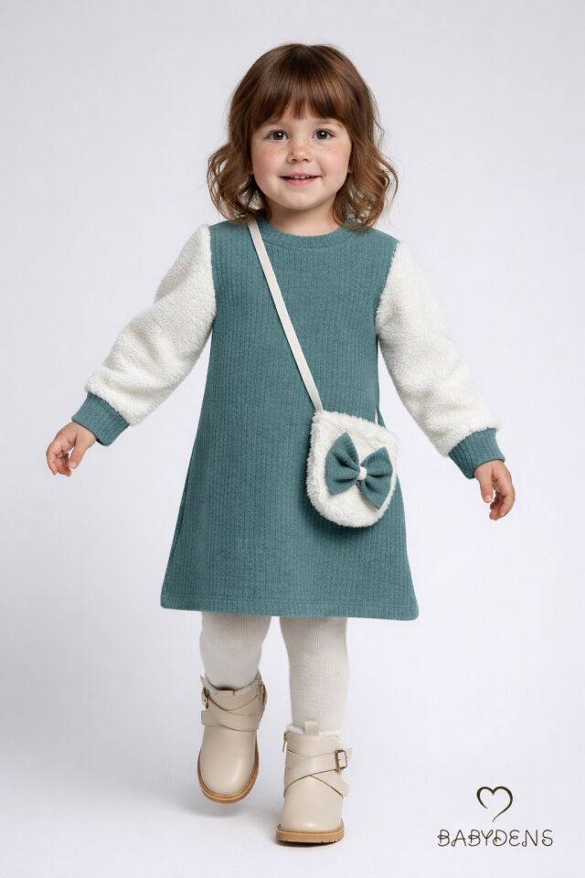 Bayramlık Şık ve Rahat Kız Bebek Elbise Çantalı Yumuşak Peluş Kollu Kışlık Çocuk Kombini Haki