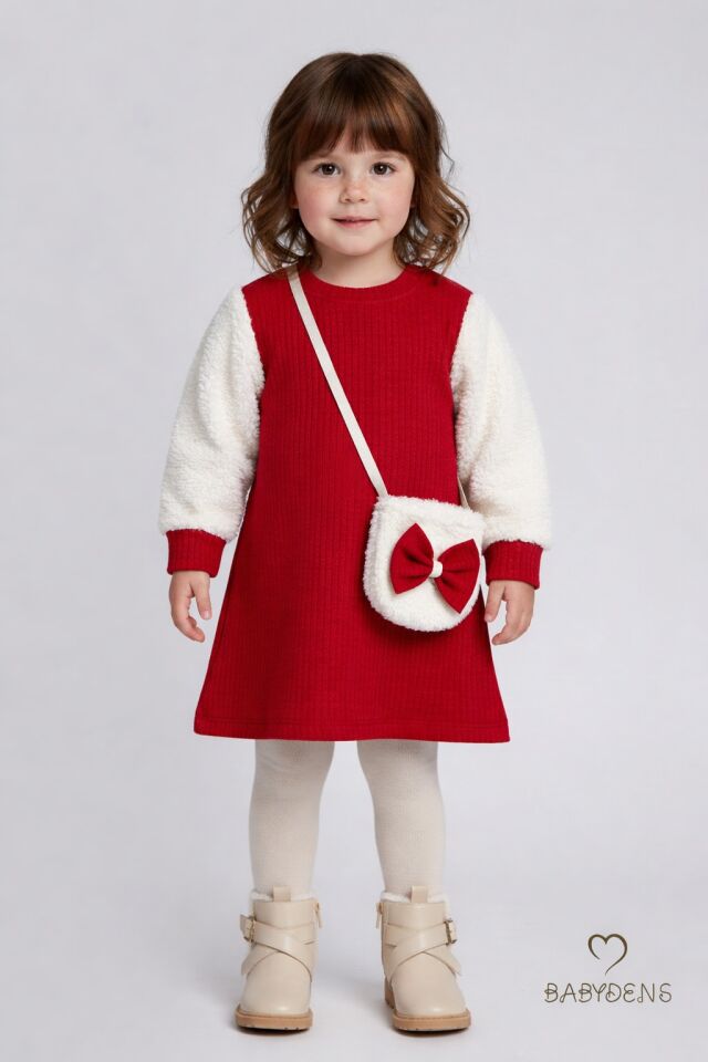 Bayramlık Şık ve Rahat Kız Bebek Elbise Çantalı Yumuşak Peluş Kollu Kışlık Çocuk Kombini Kırmızı