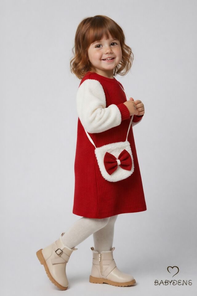 Bayramlık Şık ve Rahat Kız Bebek Elbise Çantalı Yumuşak Peluş Kollu Kışlık Çocuk Kombini Kırmızı