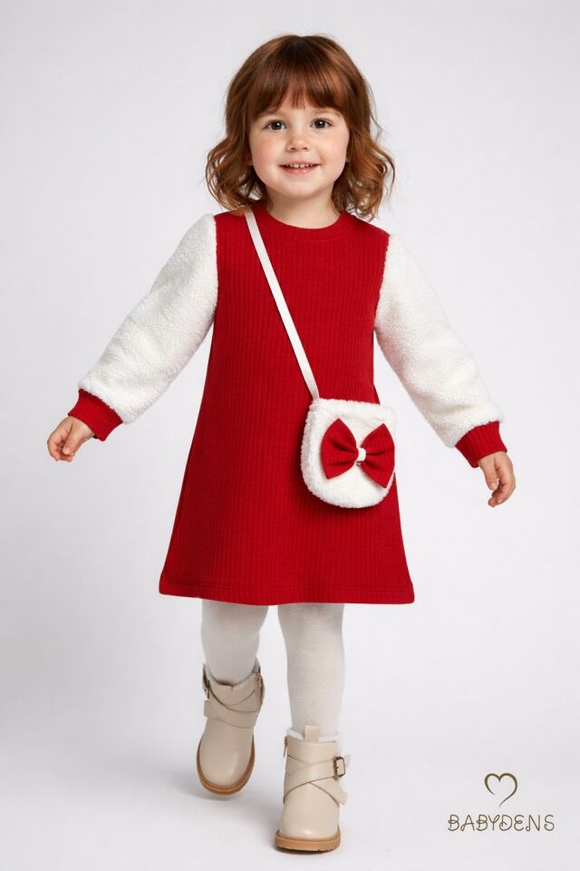 Bayramlık Şık ve Rahat Kız Bebek Elbise Çantalı Yumuşak Peluş Kollu Kışlık Çocuk Kombini Kırmızı