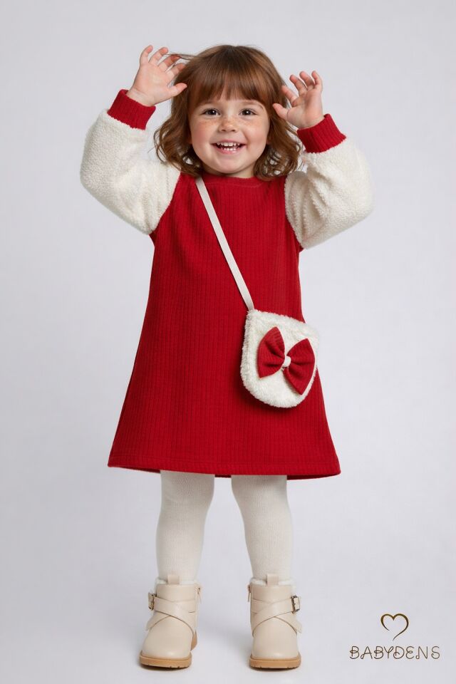 Bayramlık Şık ve Rahat Kız Bebek Elbise Çantalı Yumuşak Peluş Kollu Kışlık Çocuk Kombini Kırmızı