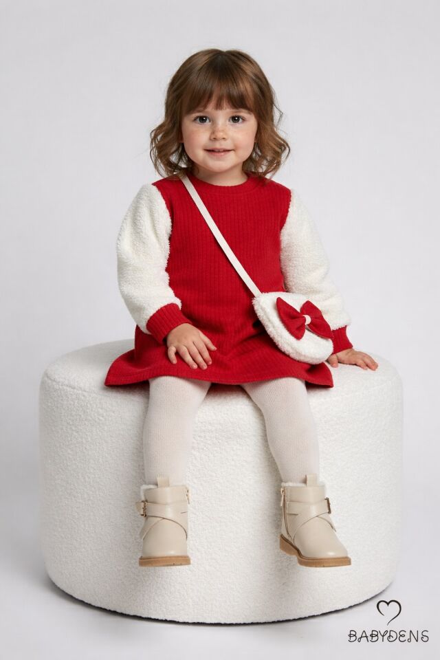 Bayramlık Şık ve Rahat Kız Bebek Elbise Çantalı Yumuşak Peluş Kollu Kışlık Çocuk Kombini Kırmızı