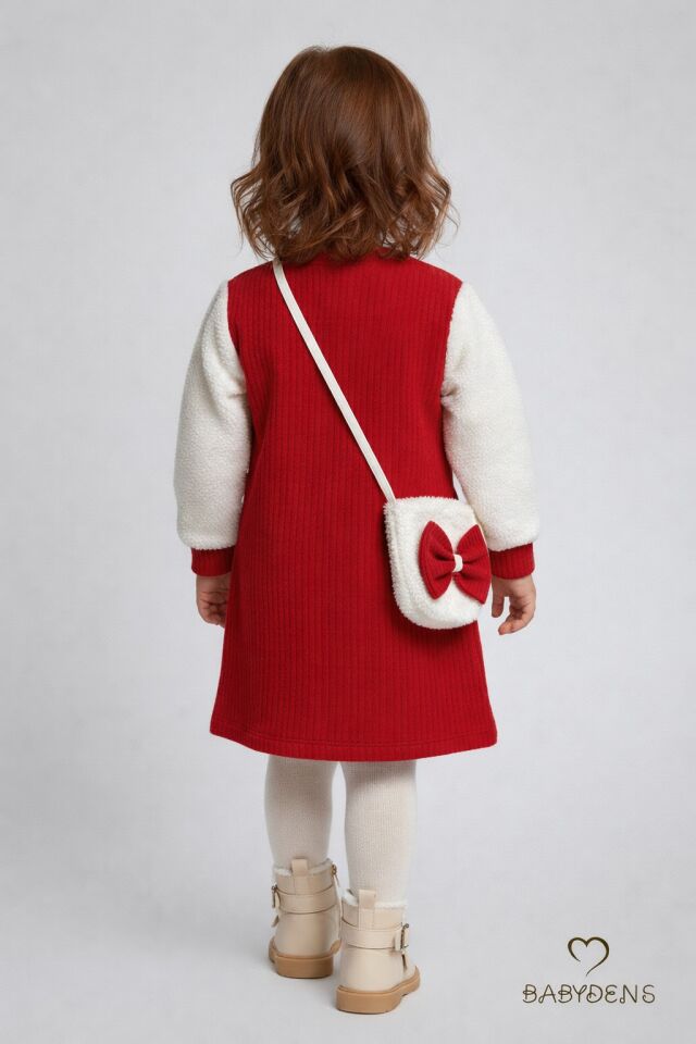 Bayramlık Şık ve Rahat Kız Bebek Elbise Çantalı Yumuşak Peluş Kollu Kışlık Çocuk Kombini Kırmızı