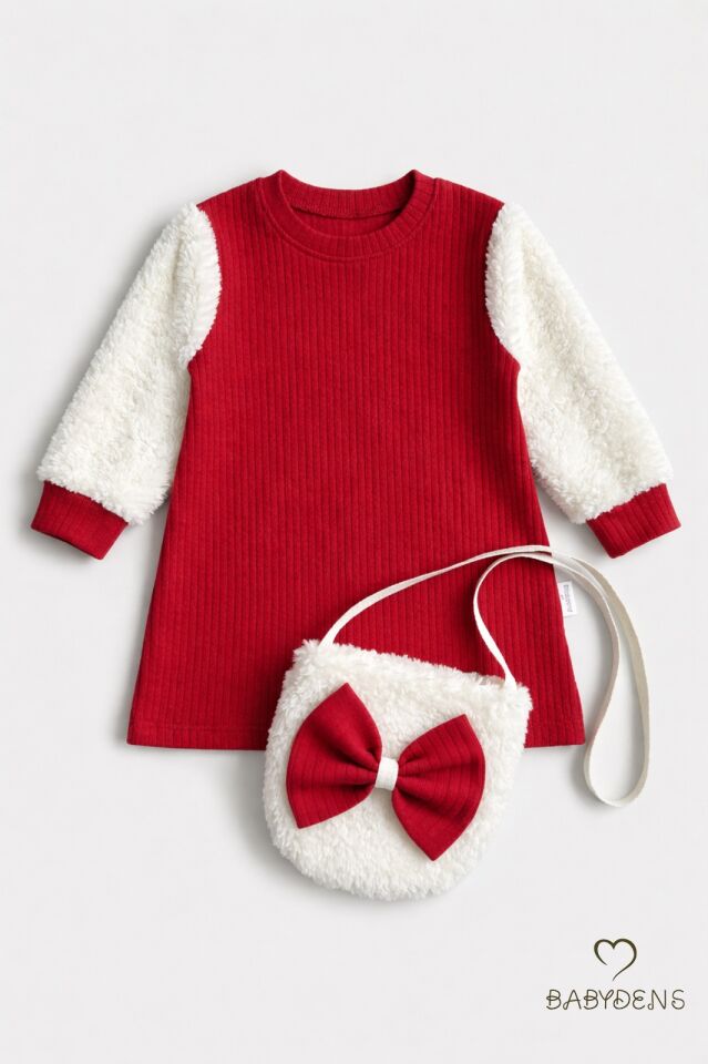 Bayramlık Şık ve Rahat Kız Bebek Elbise Çantalı Yumuşak Peluş Kollu Kışlık Çocuk Kombini Kırmızı