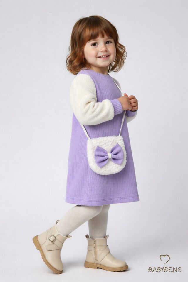 Bayramlık Şık ve Rahat Kız Bebek Elbise Çantalı Yumuşak Peluş Kollu Kışlık Çocuk Kombini Lila