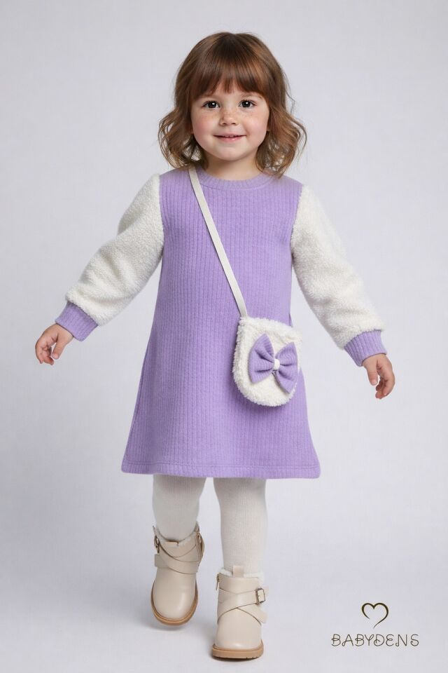 Bayramlık Şık ve Rahat Kız Bebek Elbise Çantalı Yumuşak Peluş Kollu Kışlık Çocuk Kombini Lila