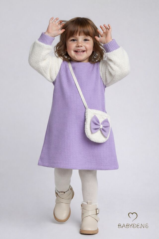 Bayramlık Şık ve Rahat Kız Bebek Elbise Çantalı Yumuşak Peluş Kollu Kışlık Çocuk Kombini Lila