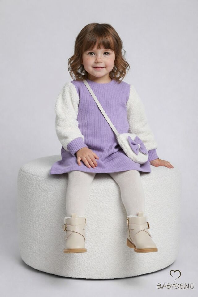 Bayramlık Şık ve Rahat Kız Bebek Elbise Çantalı Yumuşak Peluş Kollu Kışlık Çocuk Kombini Lila