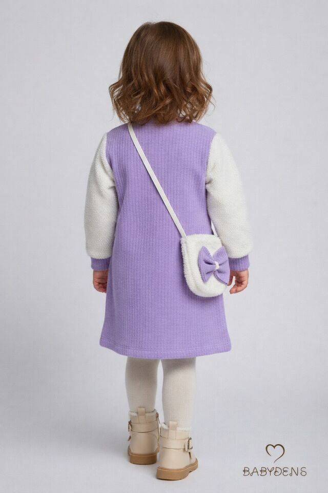 Bayramlık Şık ve Rahat Kız Bebek Elbise Çantalı Yumuşak Peluş Kollu Kışlık Çocuk Kombini Lila