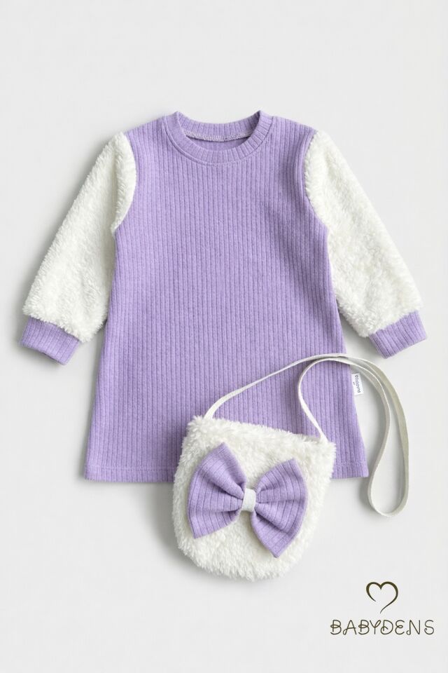 Bayramlık Şık ve Rahat Kız Bebek Elbise Çantalı Yumuşak Peluş Kollu Kışlık Çocuk Kombini Lila