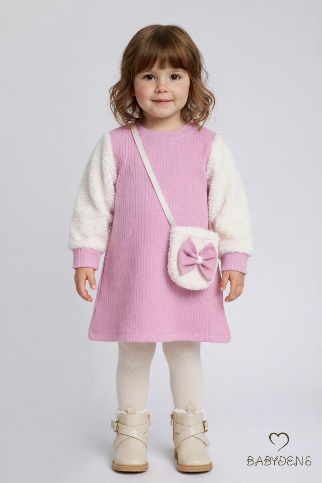 Bayramlık Şık ve Rahat Kız Bebek Elbise Çantalı Yumuşak Peluş Kollu Kışlık Çocuk Kombini Pembe