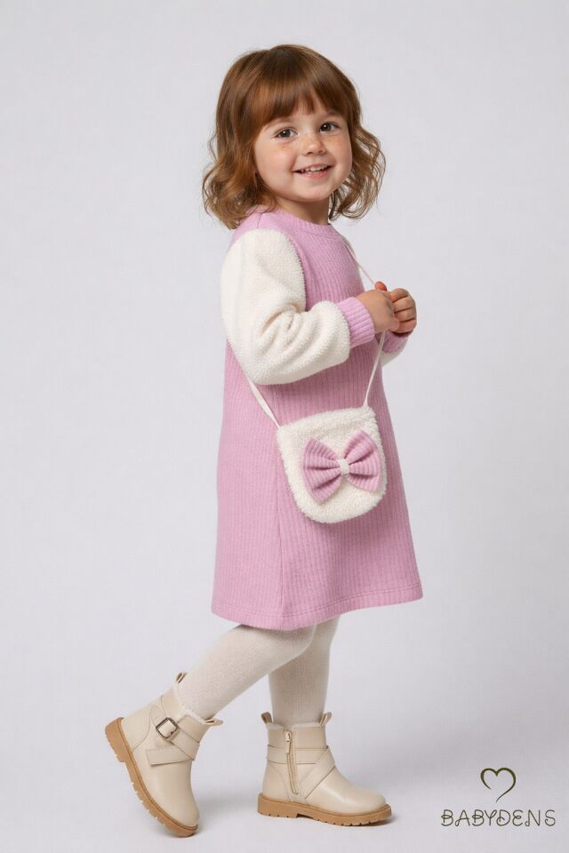 Bayramlık Şık ve Rahat Kız Bebek Elbise Çantalı Yumuşak Peluş Kollu Kışlık Çocuk Kombini Pembe