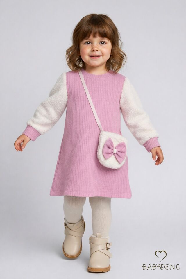 Bayramlık Şık ve Rahat Kız Bebek Elbise Çantalı Yumuşak Peluş Kollu Kışlık Çocuk Kombini Pembe