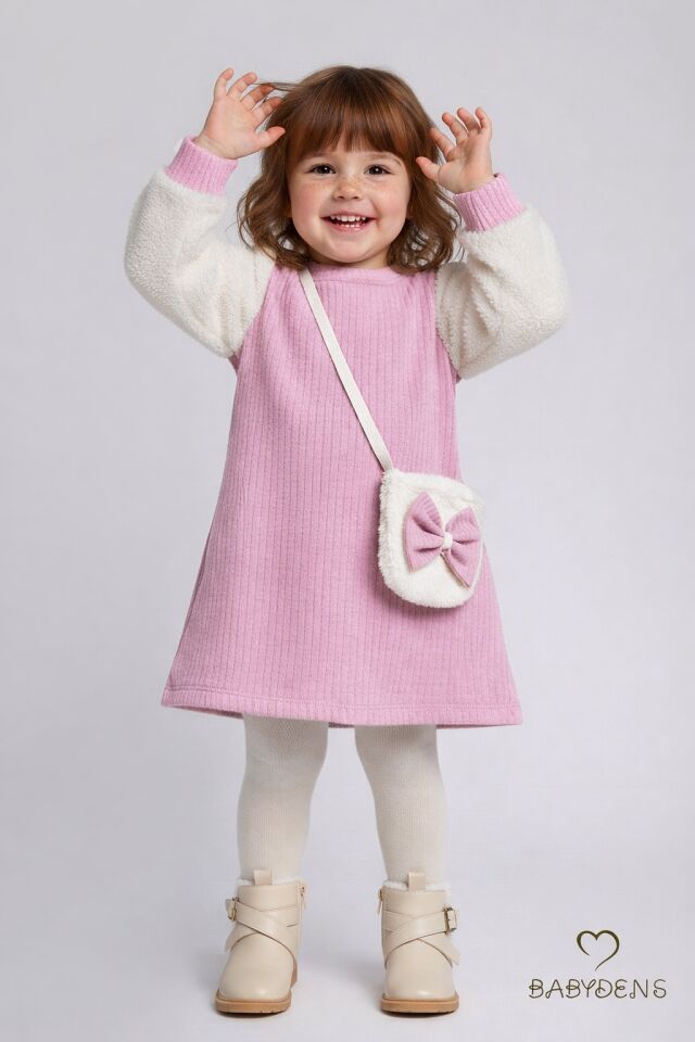 Bayramlık Şık ve Rahat Kız Bebek Elbise Çantalı Yumuşak Peluş Kollu Kışlık Çocuk Kombini Pembe