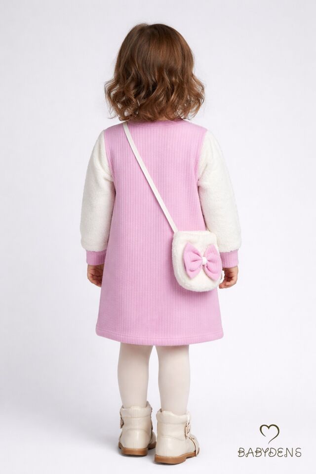 Bayramlık Şık ve Rahat Kız Bebek Elbise Çantalı Yumuşak Peluş Kollu Kışlık Çocuk Kombini Pembe