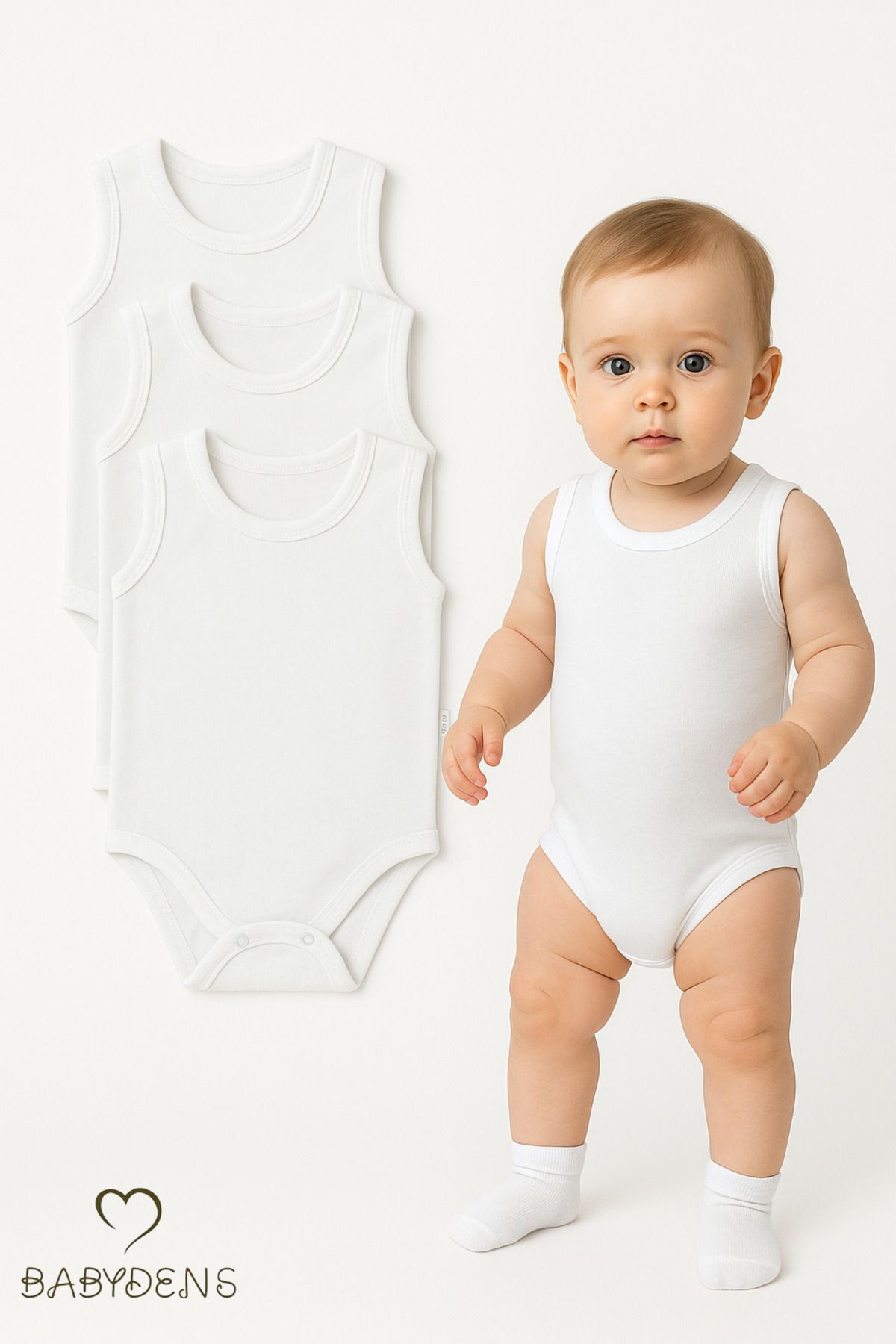 3'lü %100 Pamuklu Beyaz Kolsuz Bebek Body Seti Unisex Bebek İçin Yazlık Zıbın Takımı 6-9 Ay