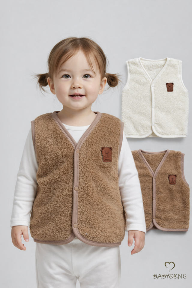 2’li Welsoft Yelek Seti Kız Bebek Çocuk Ayıcık Armalı Peluş Yumuşak Kışlık Yelek, Çıtçıtlı, Günlük Kahverengi-Ekru