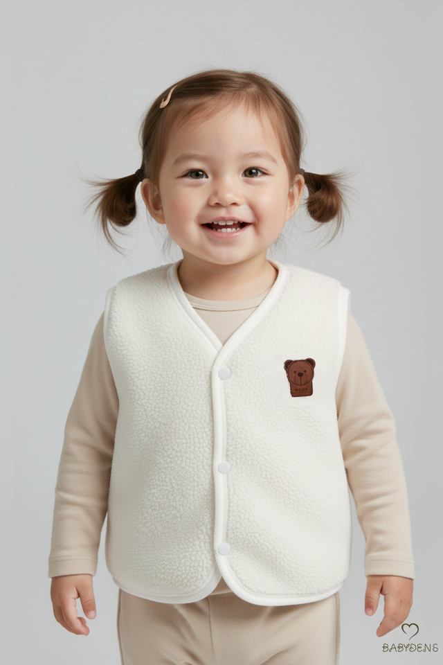 2’li Welsoft Yelek Seti Kız Bebek Çocuk Ayıcık Armalı Peluş Yumuşak Kışlık Yelek, Çıtçıtlı, Günlük Kahverengi-Ekru