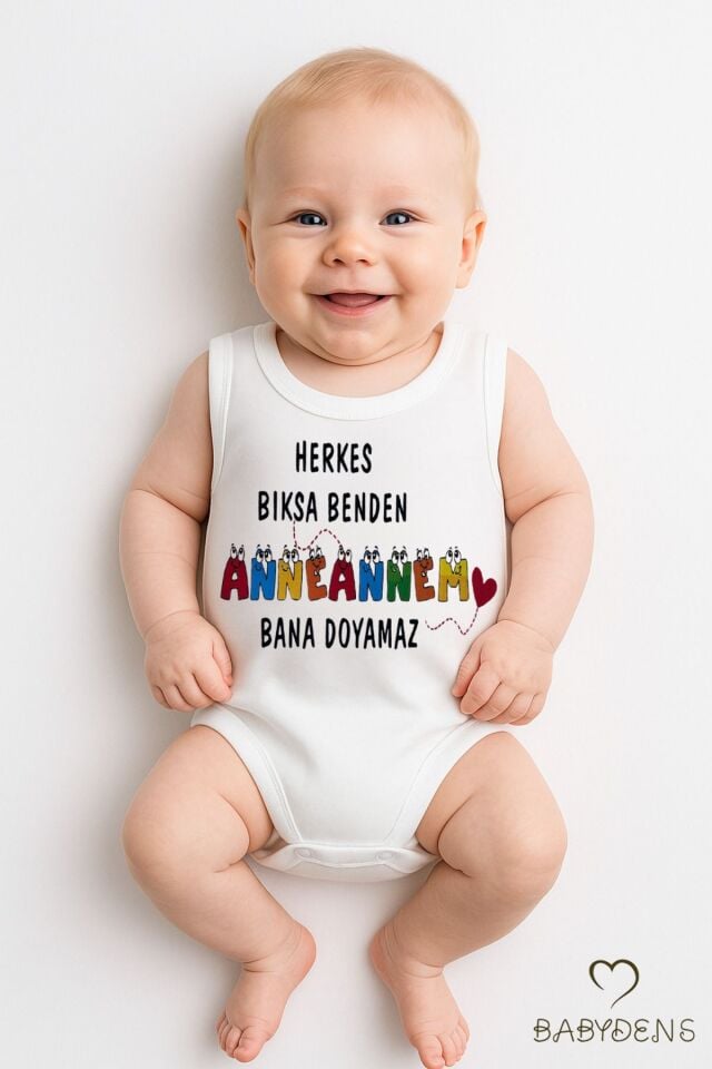 Anneannem Bana Doyamaz Yazılı Kolsuz Çıtçıtlı Body %100 Pamuk Hediyelik Yazlık Zıbın 0-3-24 Ay Tulum