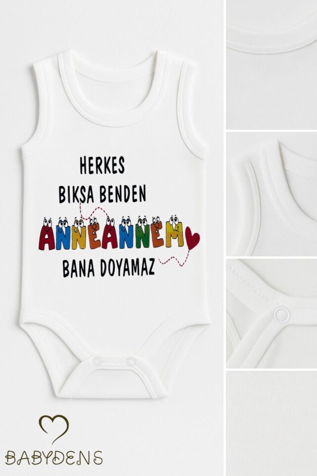 Anneannem Bana Doyamaz Yazılı Kolsuz Çıtçıtlı Body %100 Pamuk Hediyelik Yazlık Zıbın 0-3-24 Ay Tulum