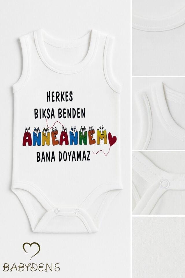 Anneannem Bana Doyamaz Yazılı Kolsuz Çıtçıtlı Body %100 Pamuk Hediyelik Yazlık Zıbın 0-3-24 Ay Tulum