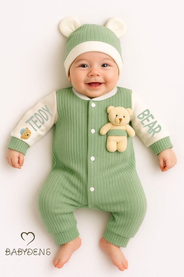 Teddy Bear Desenli Erkek Bebek Tulum Takımı %100 Pamuklu Çıtçıtlı Fitilli Ribana Tulum & Bere Takımı
