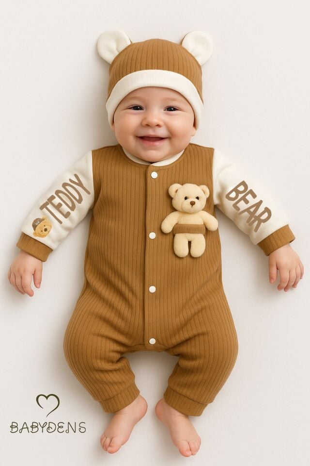 Teddy Bear Desenli Erkek Bebek Tulum Takımı %100 Pamuklu Çıtçıtlı Fitilli Ribana Tulum & Bere Takımı