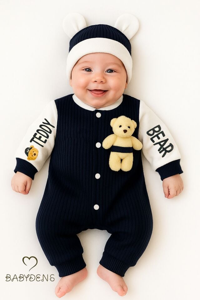 Teddy Bear Desenli Erkek Bebek Tulum Takımı %100 Pamuklu Çıtçıtlı Fitilli Ribana Tulum & Bere Takımı