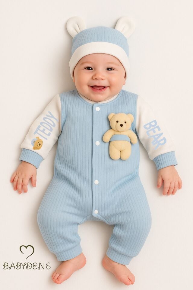 Teddy Bear Desenli Erkek Bebek Tulum Takımı %100 Pamuklu Çıtçıtlı Fitilli Ribana Tulum & Bere Takımı